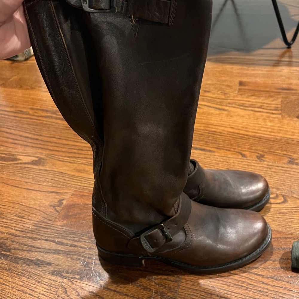 Frye Brown Combat Moto Boots with Buckle Detail